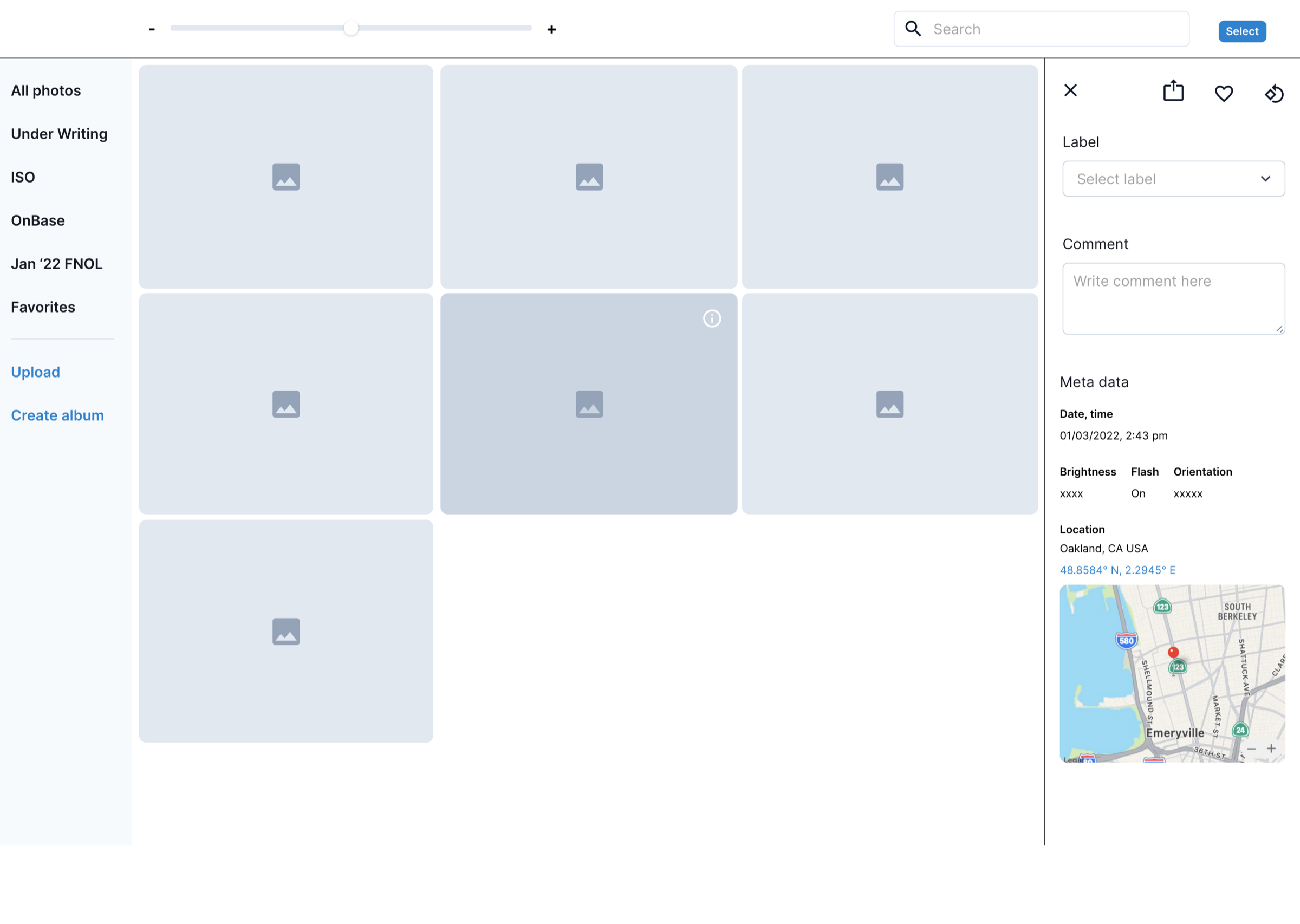 A wireframe sketch with the zoom control and search function placed in the header for one-click access.